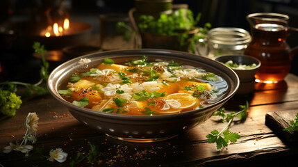 Chinese soup in a glass bowl on wooden table