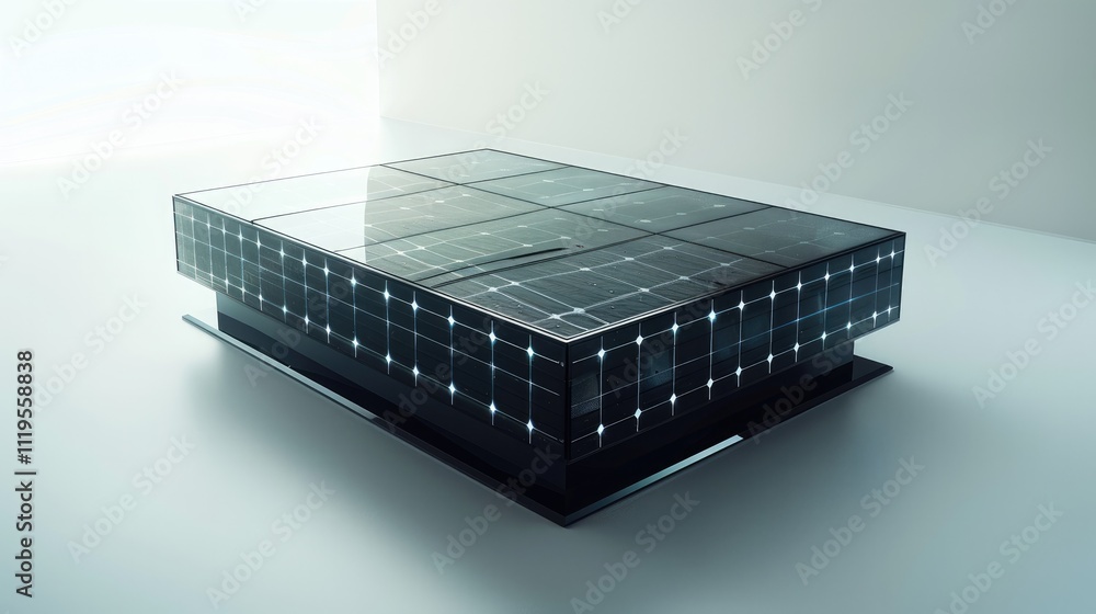 Poster A black rectangular prism with a sense of virtual future technology, composed of light, covered with solar panels on the surface, and a white background.