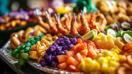 Colorful Array of Fresh Fruits and Shrimp on Serving Platter