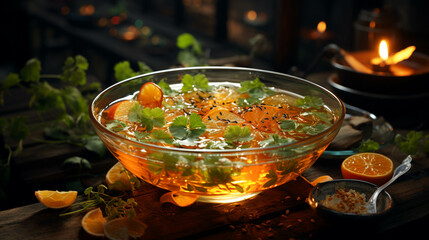 Chinese soup in a glass bowl on wooden table