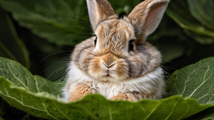 Obraz premium Fluffy Baby Bunny Nibbling Leaf with Tiny Whiskers and Fur