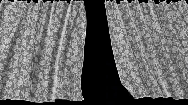 White Curtain with a Flowers Pattern is Slowly Swaying in the Wind with Open Window. Beautiful Seamless Looped 3d Animation, Ultra HD 3840x2160 4K