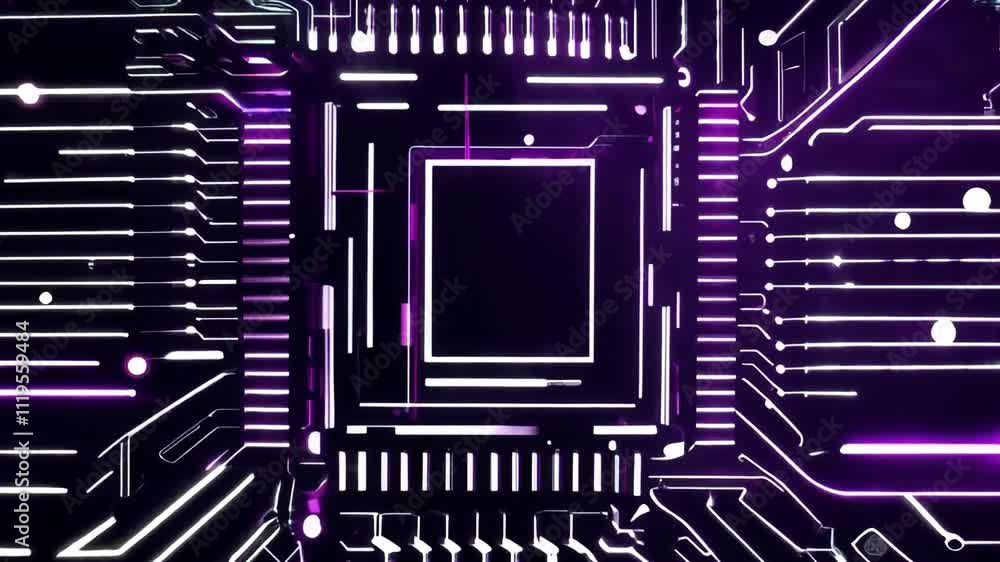 Poster camera moving over a glowing circuit board with a cpu. perfect for any project about technology, com