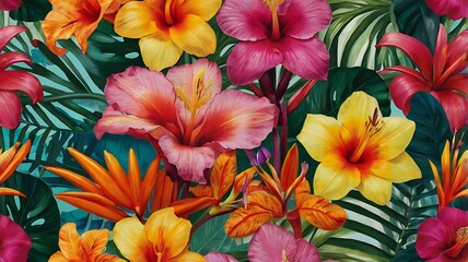 Vibrant Tropical Flowers and Lush Green Leaves