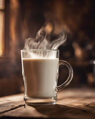Fototapeta premium Glass mug, freshly steamed milk, warm beverage, creamy milk, cozy drink, hot milk, comfort drink, dairy beverage, steaming mug, soothing milk, morning ritual, relaxing drink, warm comfort, winter drin