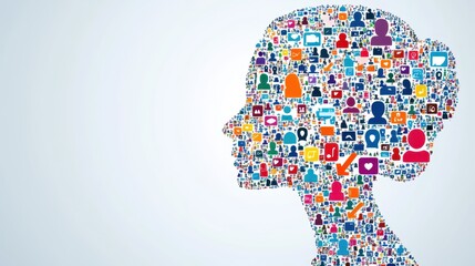 Silhouette of Woman Filled with Colorful Digital Social Icons