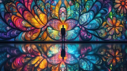 Abstract Colorful Art Mural with Silhouette and Reflected Water