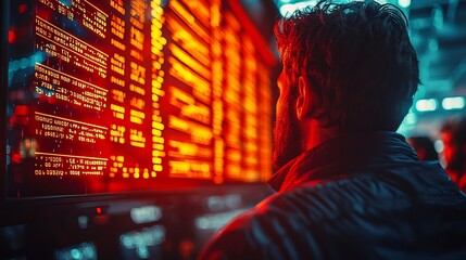 Businesspeople Panicking at Holographic Ticker During Economic Crisis