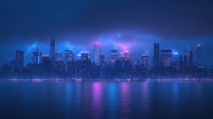 Naklejka premium Neon-lit cityscape at night reflected in water.
