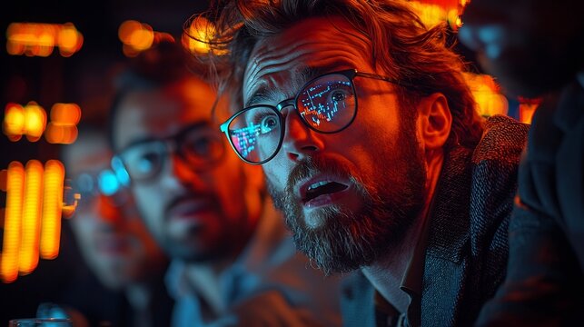 Panicked bankers in a high tech boardroom as holographic financial charts crash representing economic crisis and chaos - Powered by Adobe