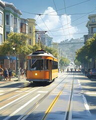 Obraz premium Urban Public Transport Solutions, Vibrant Urban Scene with Electric Trolley and Neighborhood Life