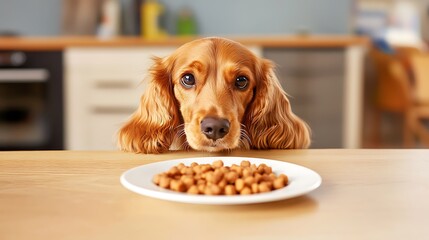 Adorable golden Cocker Spaniel eagerly gazing at a plate of delicious dog food on a wooden table in a cozy home kitchen setting, expressing anticipation and joy