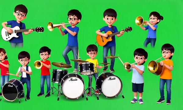 Cartoon students playing various musical instruments in a music class, green screen