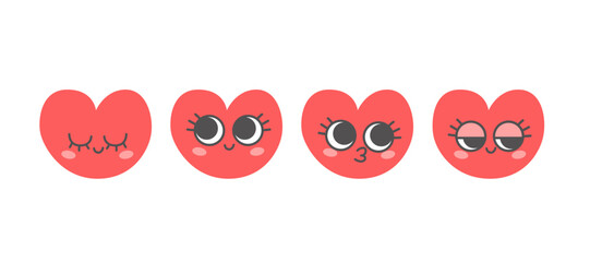 Set collection of cute cartoon heart characters vector illustration. Mascot emoji with different expressions for Saint Valentine's Day holidays