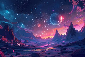 Fototapeta premium Alien Landscape With Distant Moon