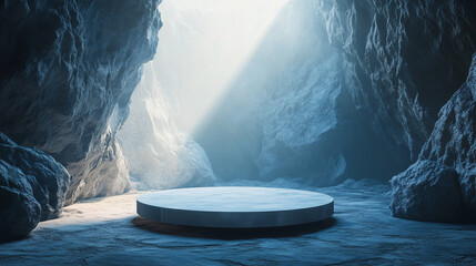 Illuminated Stone Pedestal in a Serene Cave
