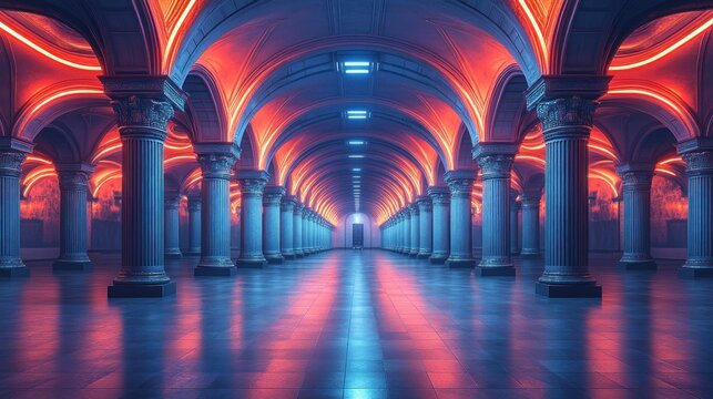 Neon-lit classical hallway with columns.