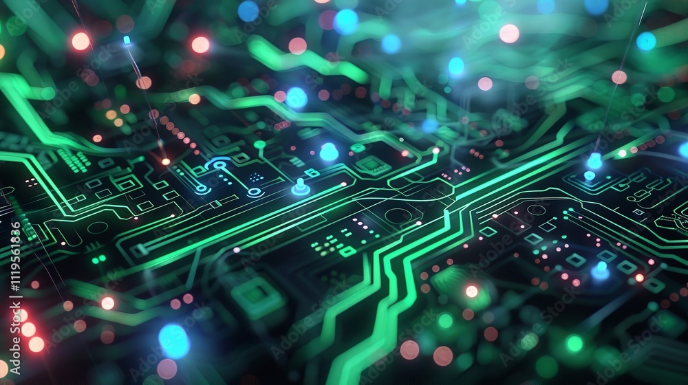 Poster abstract futuristic of green digital circuit board and processor computer, generative ai