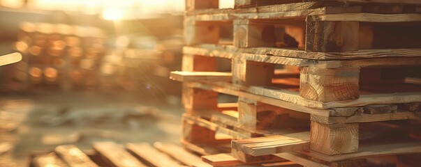 Stacked wooden pallets in vibrant sunlight outdoors.