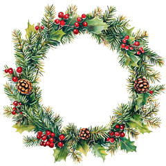 Christmas round wreath ring in watercolor isolated on white or transparent background