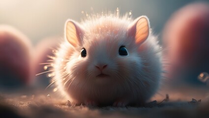 Fluffy white rodent sits outdoors in soft sunlight.