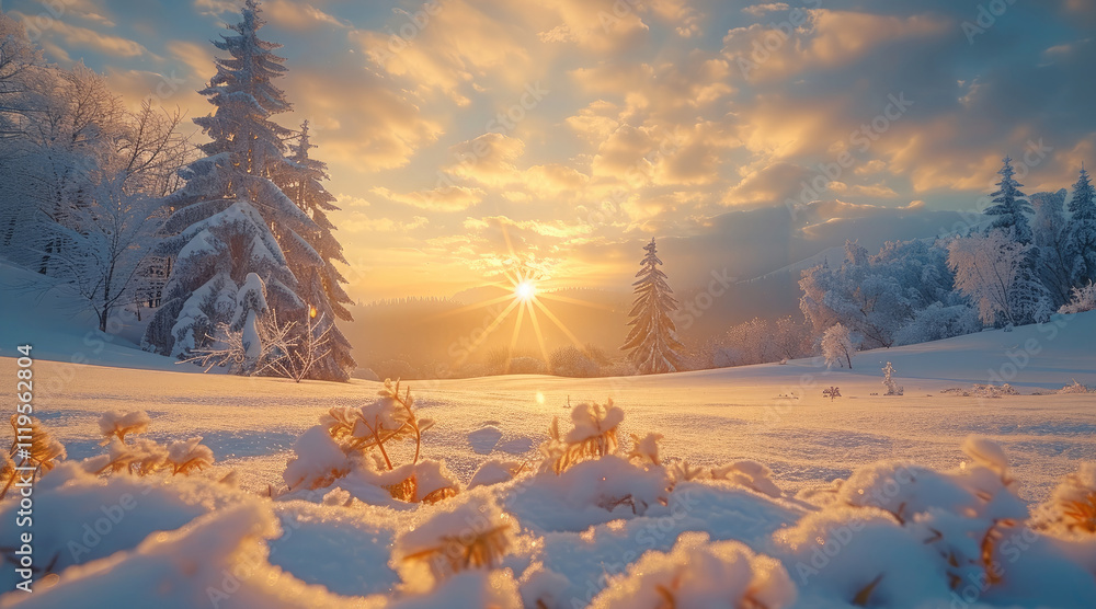 Poster a peaceful snowy meadow with a distant view of the sunrise breaking through the clouds, winter mood.