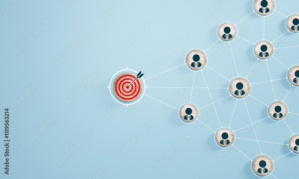 Wall mural red dartboard and red arrow connection linkage with human icon for customer focus target group and c