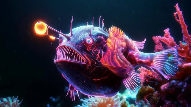Bioluminescent anglerfish swims gracefully through a vibrant coral reef, using its glowing lure to attract unsuspecting prey in the mysterious depths of the ocean