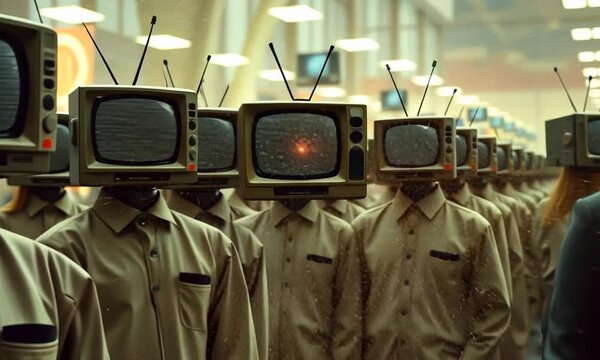 Innovative art installation features monotone figures with vintage televisions for heads in an urban environment