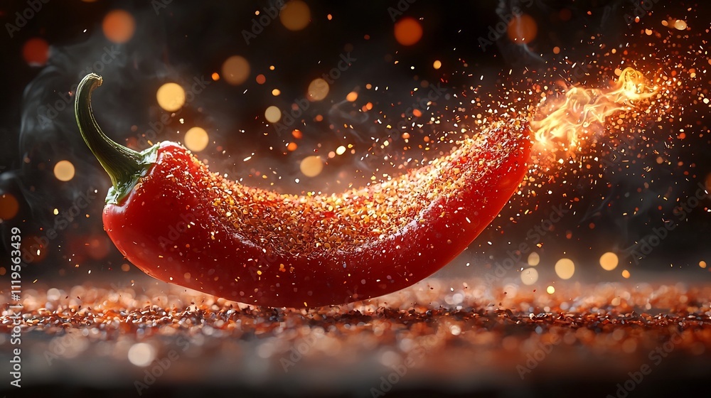 Poster fiery pepper shaped firecracker exploding with vibrant embers and sparks
