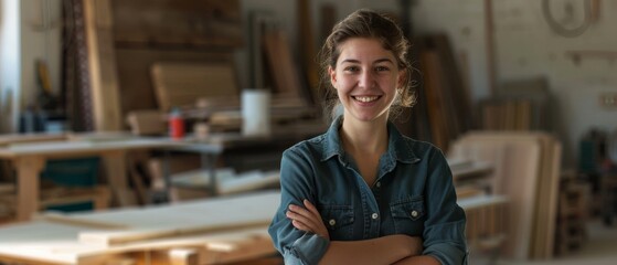 Fototapeta premium A woman in a woodworking shop beams with confidence, surrounded by tools and unfinished wooden projects, representing craftsmanship and dedication.