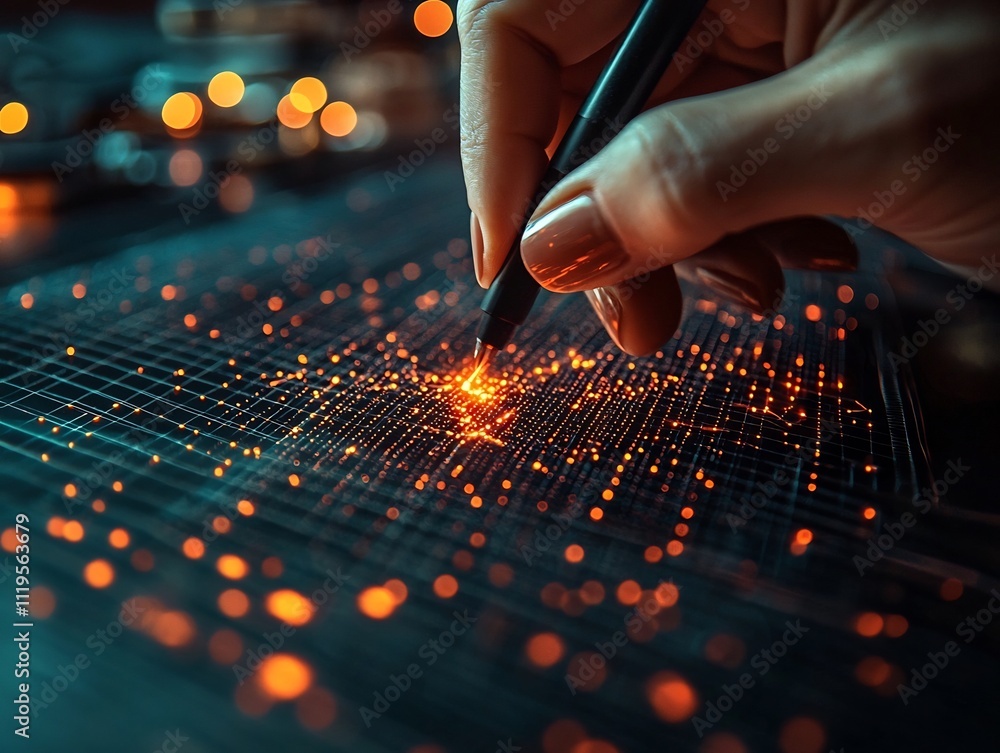 Poster hand sketching vibrant graph lines symbolizing the creative process of data analysis in business or 