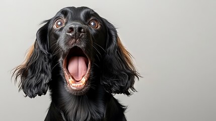 Cute black dog with expressive face yawning, showcasing its mouth and teeth against a neutral gray background, capturing a playful and joyful moment in a studio setting