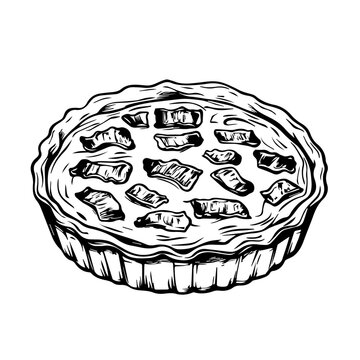 recommend clip art: French Quiche Lorraine with Bacon and Cheese – A Delightful, Savory Pie Enjoyed Any Time of Day Black Outline Vector Illustration