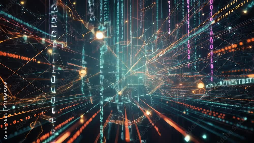 Poster glowing lines of code and network connections create a dynamic data stream flowing through cyberspac