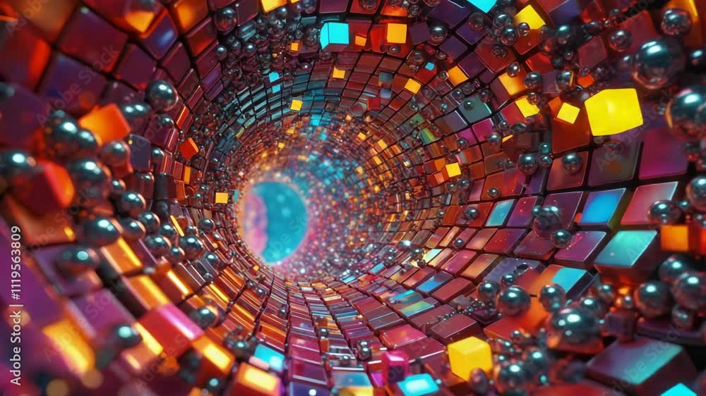 Aufkleber camera moving through a colorful abstract tunnel made of cubes and spheres. great for projects relat