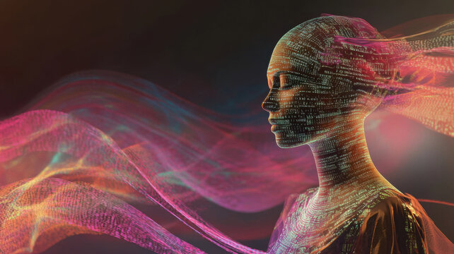A mannequin with digital text on its face, surrounded by flowing data waves, symbolizes AI and information flow.