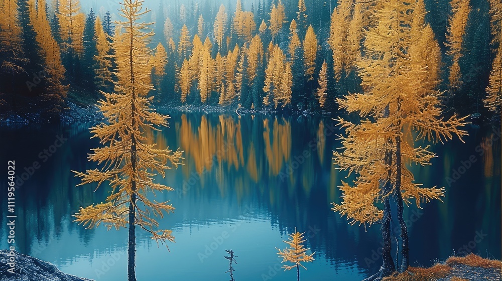 Poster a forest of larch trees in autumn, their leaves shimmering with golden hues against the backdrop of 