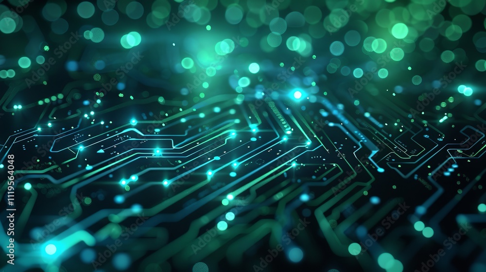 Poster abstract futuristic of green digital circuit board and processor computer, generative ai