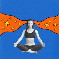 Young woman in meditative yoga pose, with abstract flow of thoughts on blue background....