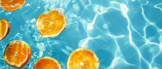 Fresh orange slices drift serenely in a turquoise pool, creating a vibrant splash of color and a sense of refreshing tranquility.