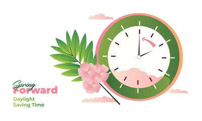 Spring Forward 2025 March Alarm Clock . Alarm clock moved one hour forward. Transition to daylight saving time. Clock and Spring composition. Vector illustration