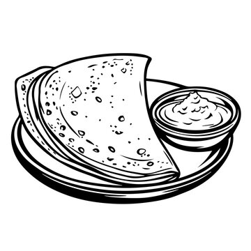 recommend clip art: Indian Masala Dosa with Coconut Chutney – A Crispy Crepe Filled with Spicy Potatoes Black Outline Vector Illustration