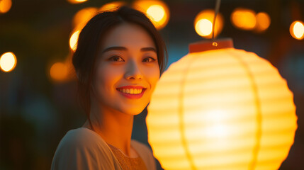 Naklejka premium Woman Holding Traditional Chinese Lantern at Night Festival with Warm Glowing Lights in the Background