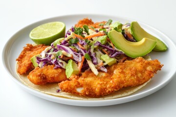 Fototapeta premium A plate featuring crispy fish tacos topped with slaw, avocado, and lime.