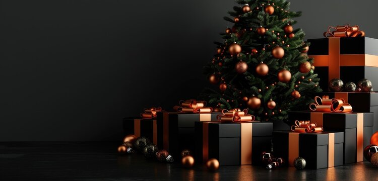 High-resolution black and orange Christmas gift boxes, a decorated tree, and festive lighting with copy space for personalized holiday banners and cards.