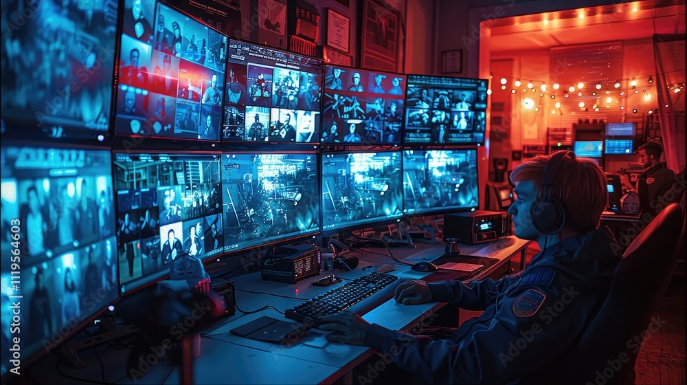 Poster a chaotic control room for the police at night, illuminated primarily by the glow of dozens of monit