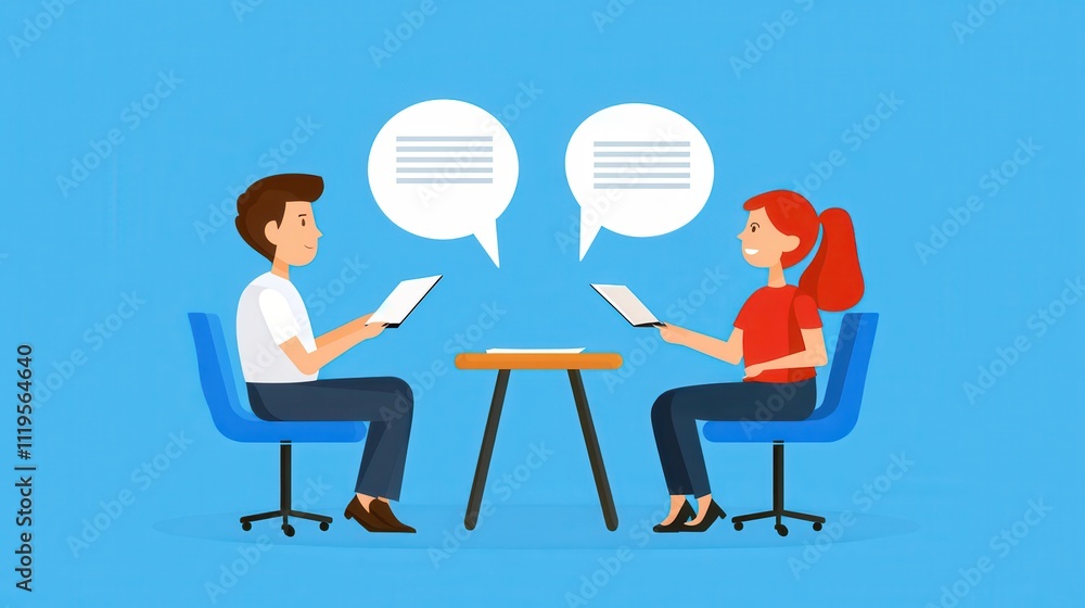 Poster A group of people having a discussion. Two individuals engage in a conversation while seated at a table, surrounded by speech bubbles on a bright blue background.