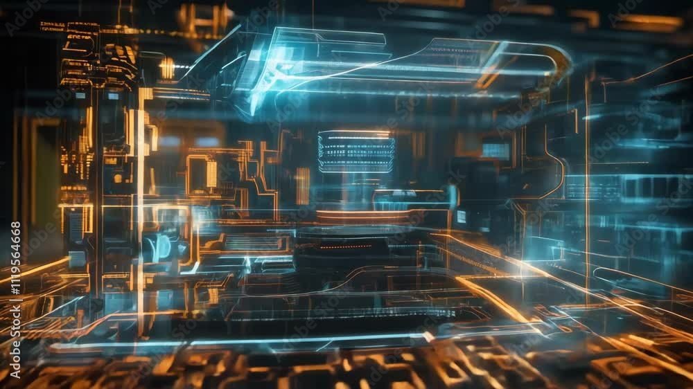 Poster futuristic machine rotates and transforms within a technological environment, featuring dynamic ligh