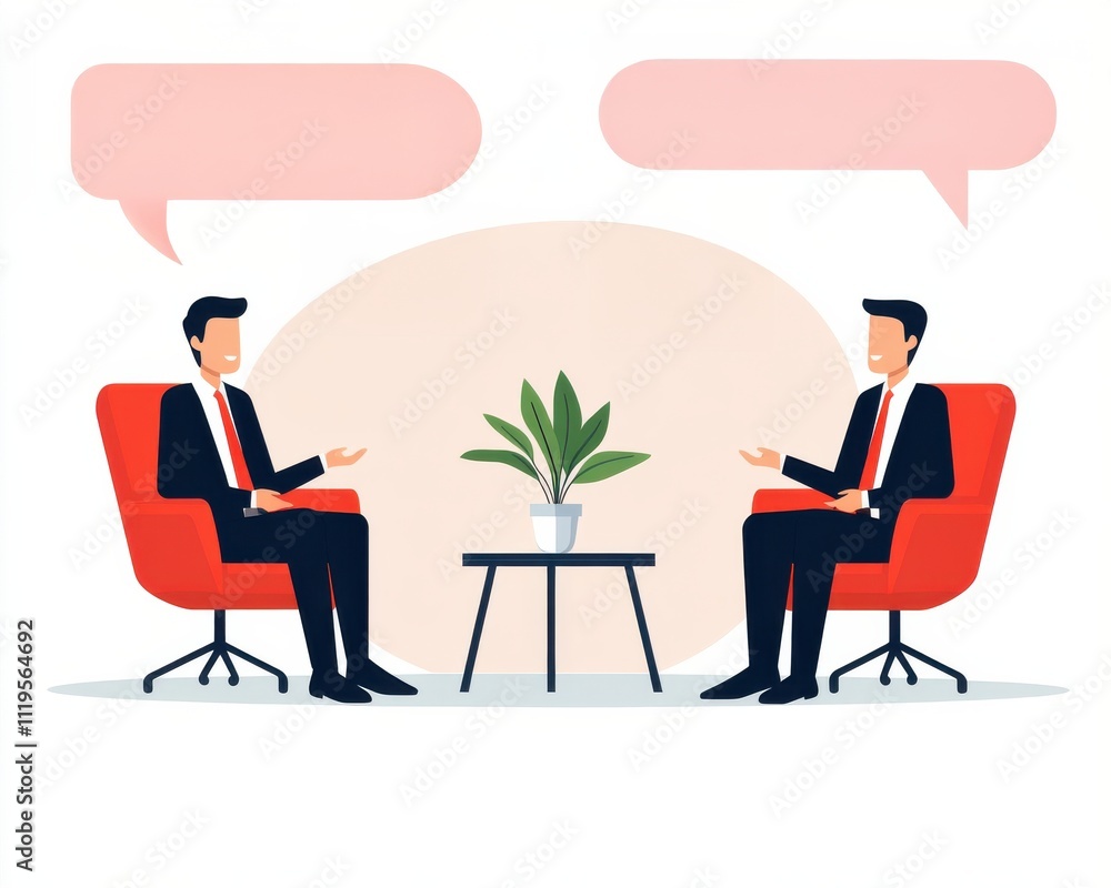 Poster a group of people having a discussion. two men in suits engage in conversation across a table, symbo